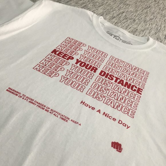 White (w) Hand Printed "KEEP YOUR DISTANCE" Tshirt - Picture 3 of 5